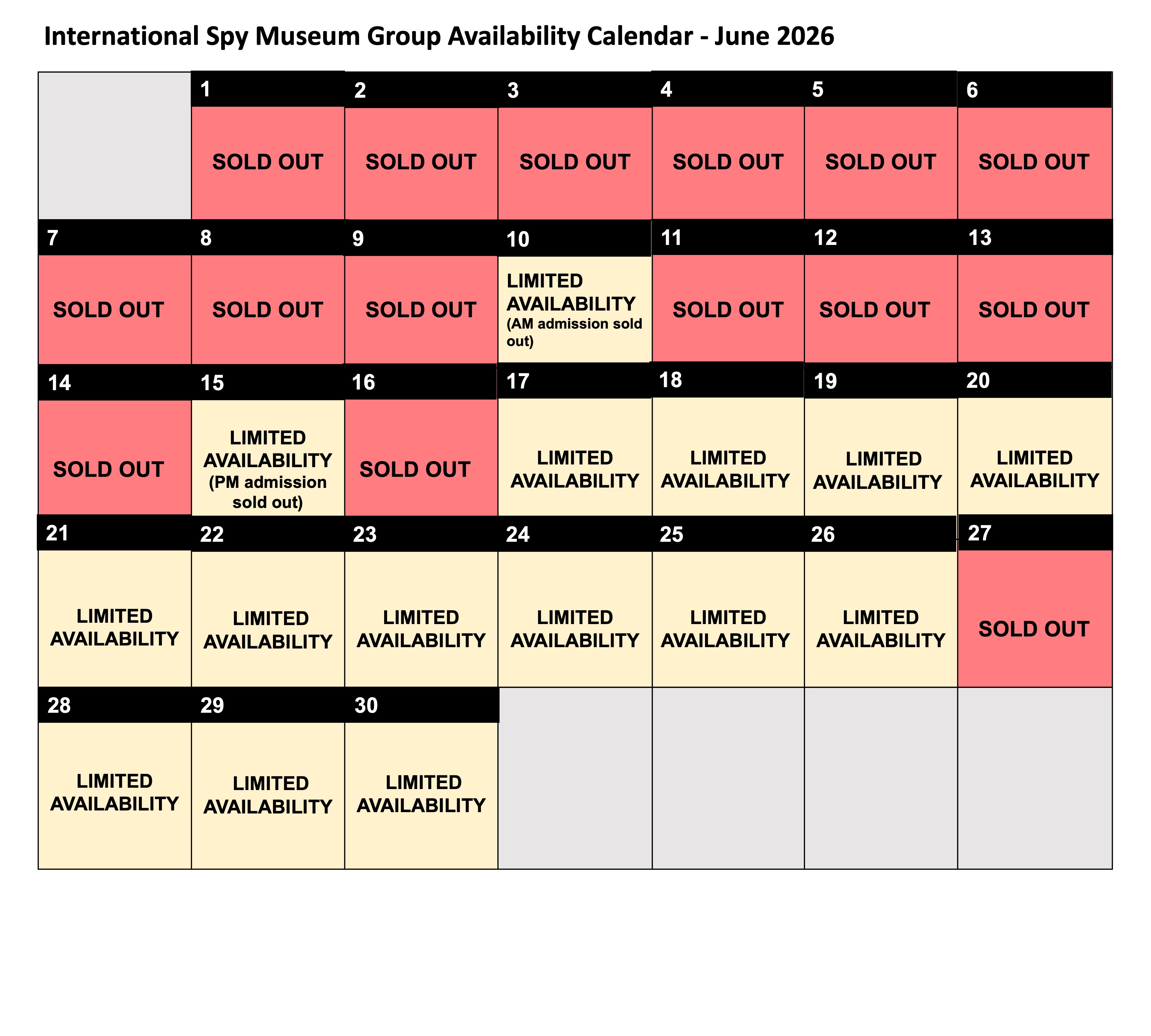 Availability Calendar for June