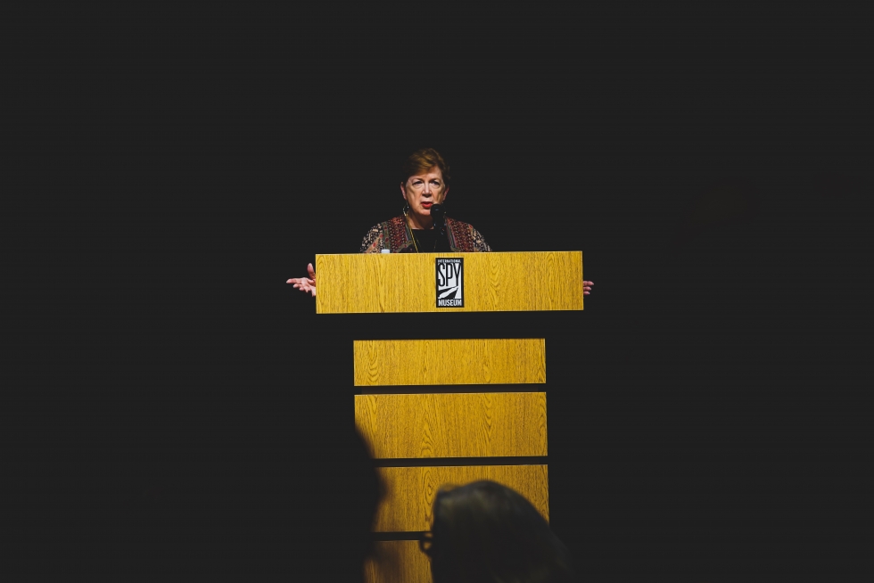 Jonna Medez speaking at a Spy Museum event