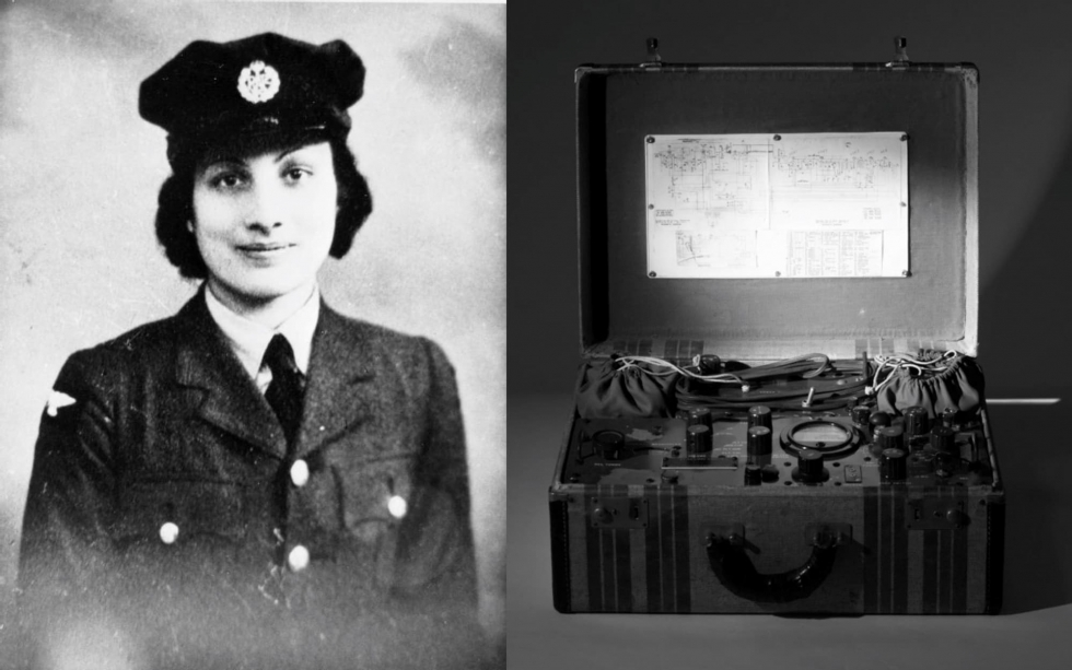 Noor Inayat Khan in uniform, beside a radio.